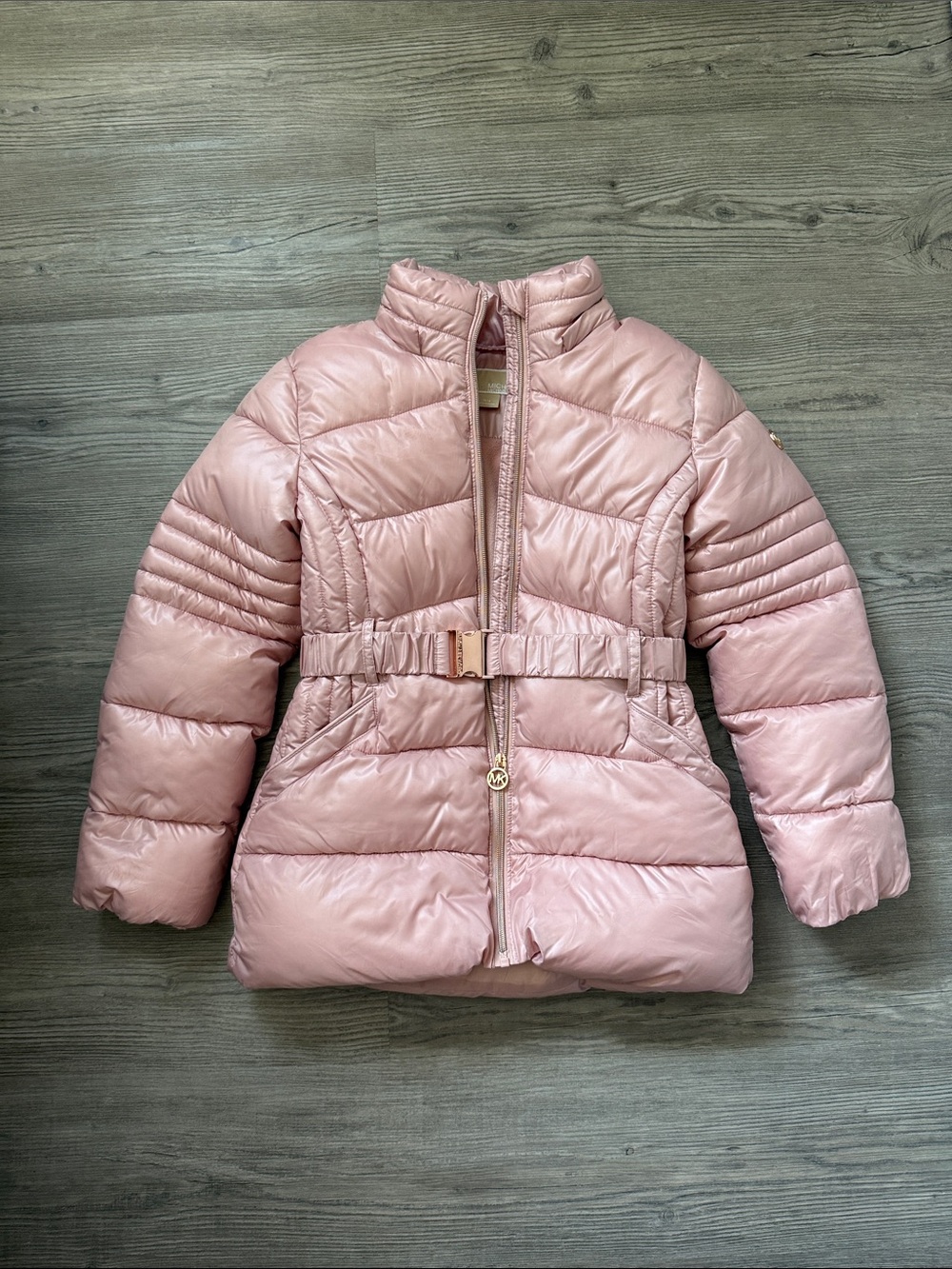 Michael Kors Girls' Shiny Light Pink Quilted Belted Puffer Coat
